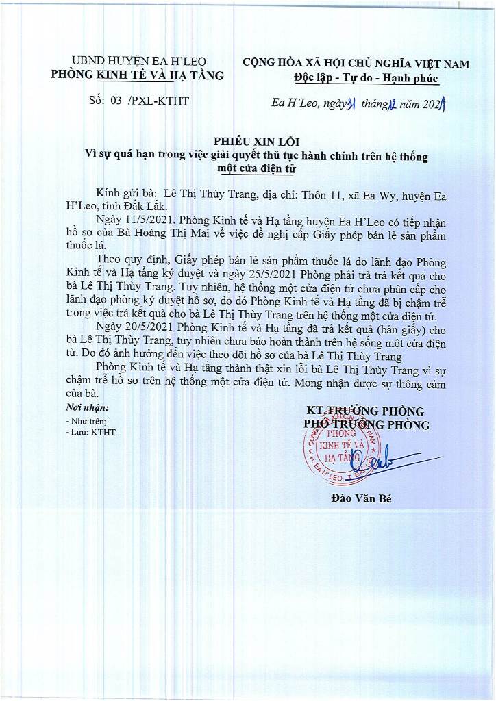 Thư xin lỗi về việc giải quyết thủ tục hành chính trễ hạn của bà Lê Thị Thùy Trang - Thôn 11, xã Ea Wy